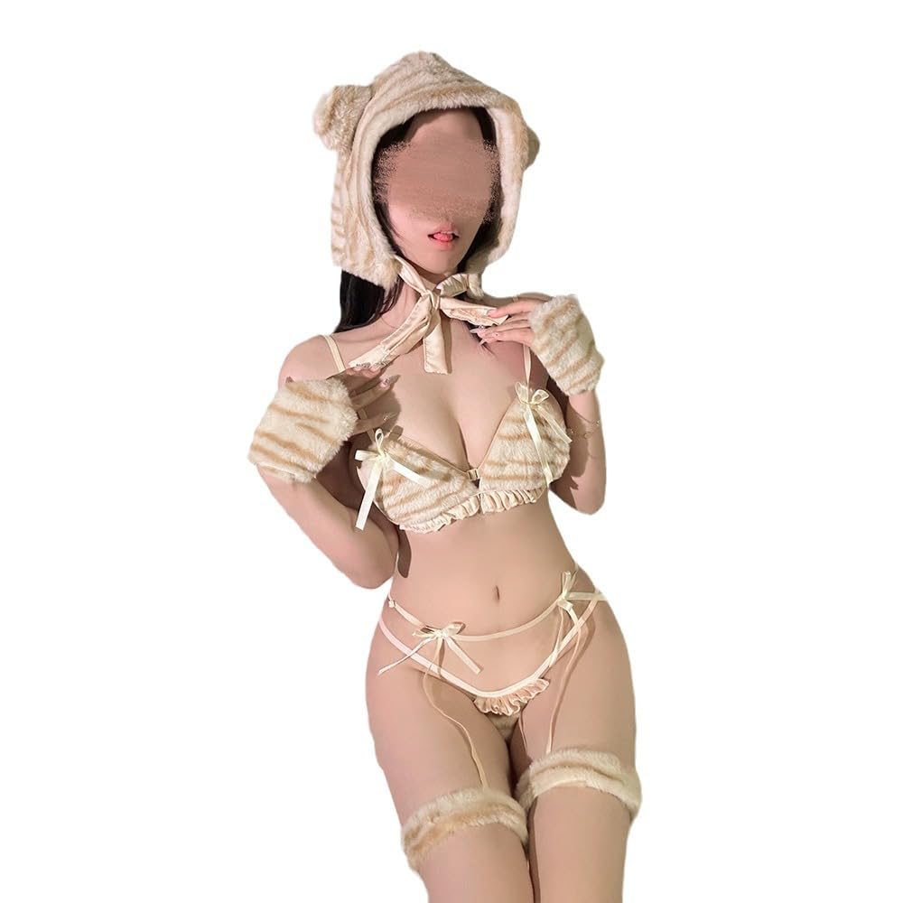 Furry Bunny Fur Ears Lingerie Dress Women Lingerie Set Lace Teddy Strap Babydoll Skirt Bodysuit Babydoll with Bunny Hat and Hand Cuff Multicolour-image-11