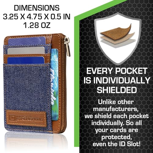 Image of ID Stronghold RFID Blocking Front Pocket Wallet - Slim Minimalist Genuine Leather Wallet with Zipper Coin Pocket (Denim)