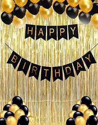 O-Tech Happy Birthday Decoration Combo Set - 33 pcs 1 Piece Happy Birthday Banner, 30 Black and Golden Balloon, 2 Curtains, great Product Balloon (Gold, Black, Pack of 33)