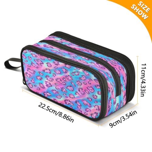 Image of Leopard Print Pencil Case 3 Compartment Pen Bag Large Pouch Holder Box School Portable Stationery Storage Bag for Teen Girls Boys