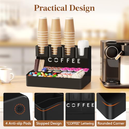 Image of Lifewit 2-tier Coffee Station Organizer Caddy for Countertop, 11 Compartments Coffee Bar Organizers for Cups, Pods, Sugar, Compact Condiment Holders Storage for Office Breakroom Kitchen Home Black