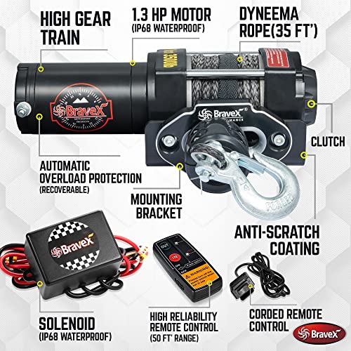 3500lb Capacity 12V DC Advanced Electric Synthetic Rope Winch Kit, IP68 Waterproof Off-Road Winch with Wireless Control for Towing ATV/UTV Boat Trail Modified Vehicles