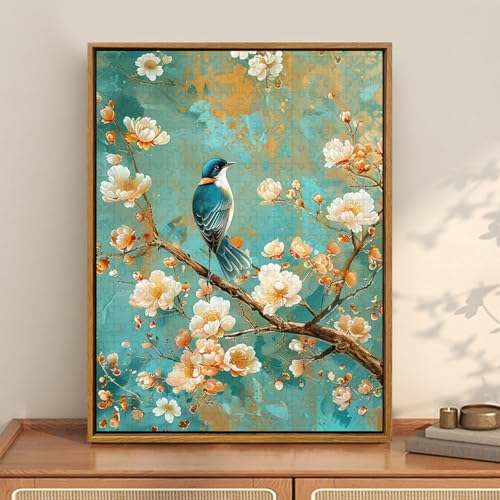Tableau de décoration murale fleurs et animaux verts peinture sur toile 60x90cm sans cadre