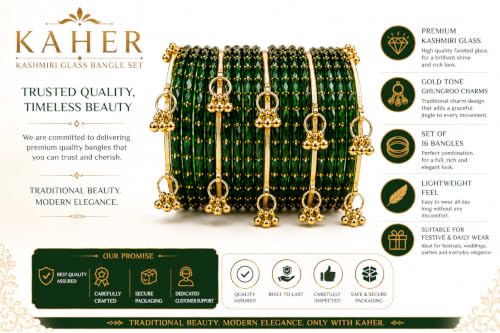 Image of Kaher Kashmiri Glass Bangle with gunghro Set for Women| Traditional, Fancy Glass Chudi Set for Festival, Wedding, and Party (Set Of 16)