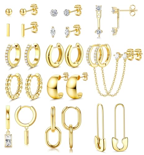 Jstyle Small Gold Hoop Earrings Set for Women, 14k Gold Plated Hoop Studs Earrings for Women, Hypoallergenic Dainty Gold Earrings for Gift