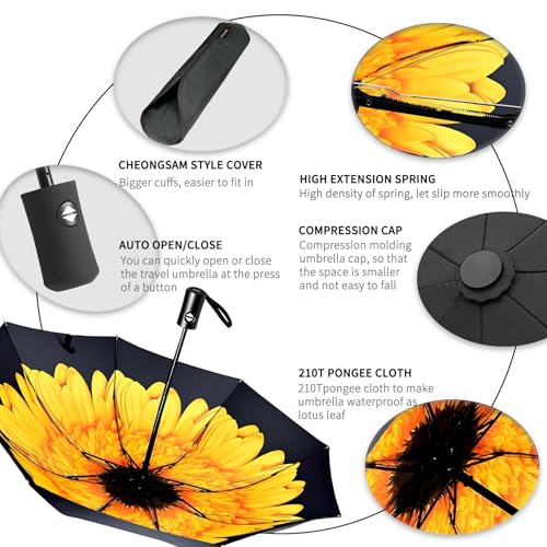 Image of SIEPASA Compact Travel Umbrella - Windproof Auto Open /Close, Small Folding Umbrella for Rain & Sun with UPF50+ - Lightweight Frame, Waterproof - Fits Backpack, Purse, Suitcase.(Sunflower