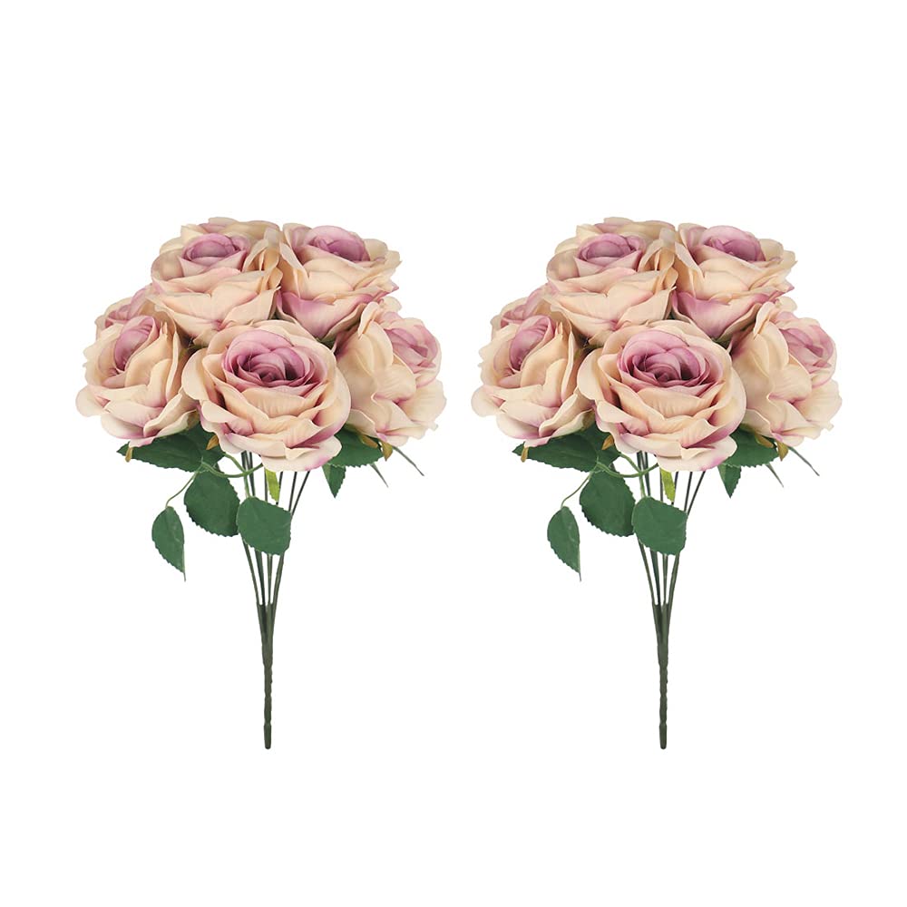 YATAI Set of 2 Silk Rose Flower Bunch, Artificial White Purple Rose, Allergy-Free, Lifelike Artificial Flowers, Long-Lasting Beauty Fake Flowers, Floral Arrangement for Wedding Anniversary, Home Decor