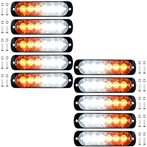 10X 6-LED Ultra Slim Super Brigh White Amber 16 Flasing Emergency Warning Strobe Light