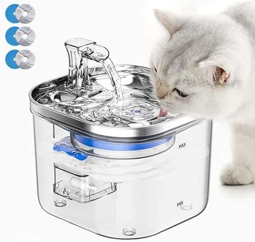 Delgeo Cat Fountain 2L,Cat Water Fountain Stainless Steel,Automatic Pet Water Fountain with Three Flow Modes,Super Quite,Visible Water Level with 3pcs Dog Water Fountain Filters