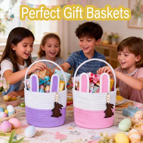 Image of Easter Basket Empty 2 PCS Bunny Woven Rope Easter Baskets for Kids Easter Hunt Baskets with Handle Bags Easter Gifts for Kids Toddlers Girls Boys Teens Set of 2 Pink and Purple