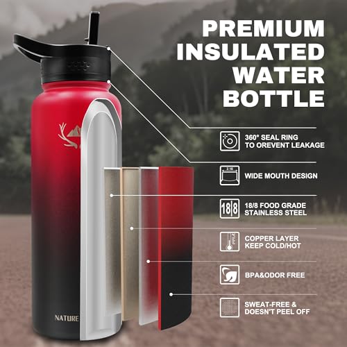 Image of NATURE PIONEOR 40 oz Insulated Water Bottle with Carrier Bag & 3 Lids