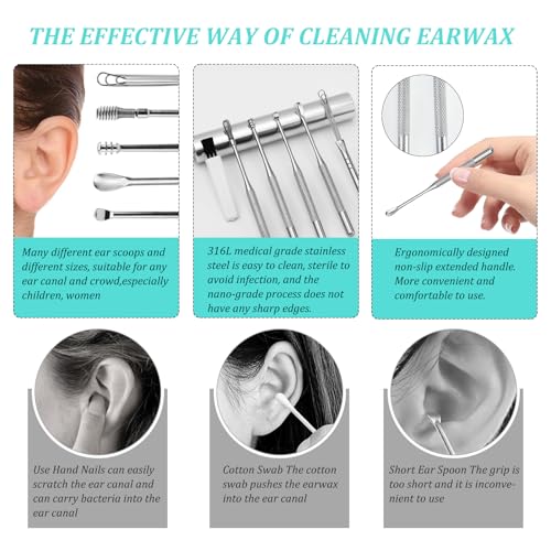 7 in1 Ohrenschmalz Entfernungs Set, Tragbar Ohr Reinigung Set, Ohrreiniger für Reinigung der Ohrenschmalz, Edelstahl Ohrenschmalz Entferner mit Einem Cleaner Pinsel und Schützende Box