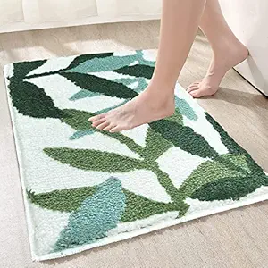 Roseate Leaves Super Soft Anti Skid (40x60 cm) Microfiber 2000 GSM Bath Mat Super Absorbent Anti-Skid Door Mats for Home/Bathroom/Bedroom/Kitchen/Floor Mat (White & Green) Pack of 1