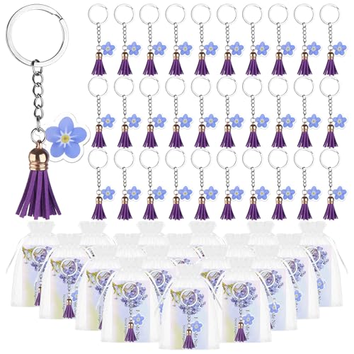 Kklolai 30 Sets Forget Me Not Funeral Favours for Guests Memorial Keychain Remembrance Cards Organza Bags Blue Flower Key Ring Bulk for Bereavement Loss of Loved One Memorial Service Guests Keepsake