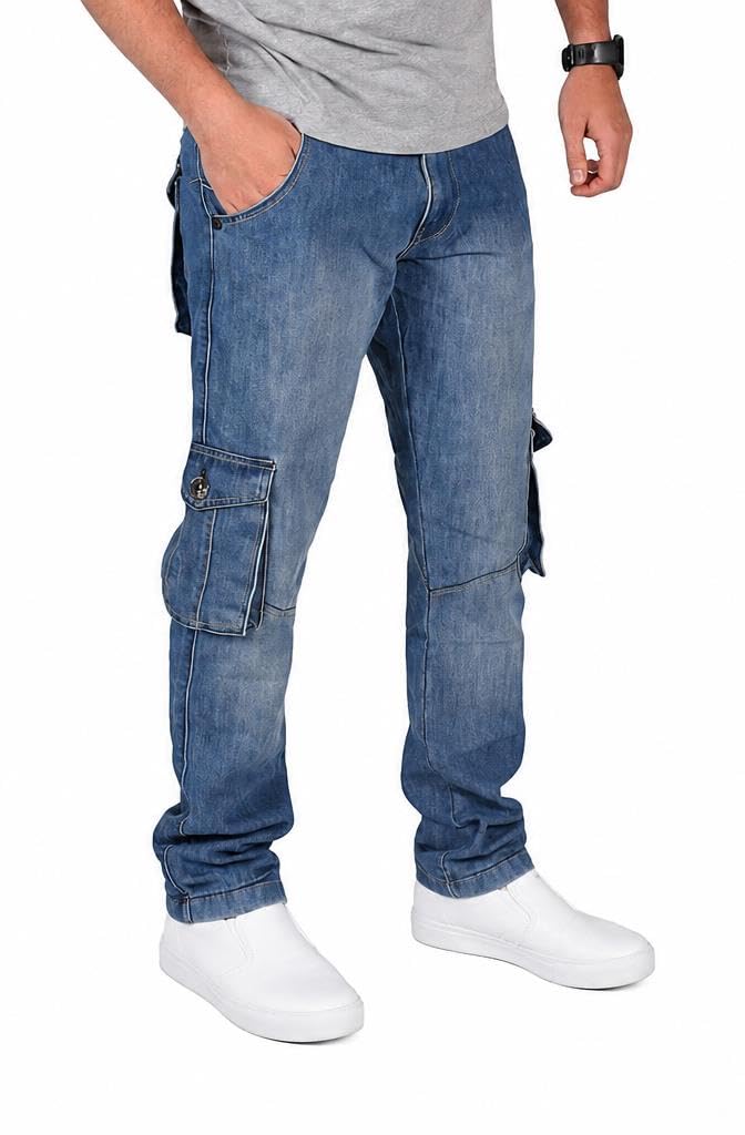 True Face Mens Jeans Cargo Combat Denim Regular Fit Trouser Casual Multipocket Bottoms Zip Fly Pants Stone Wash 36W / 34L