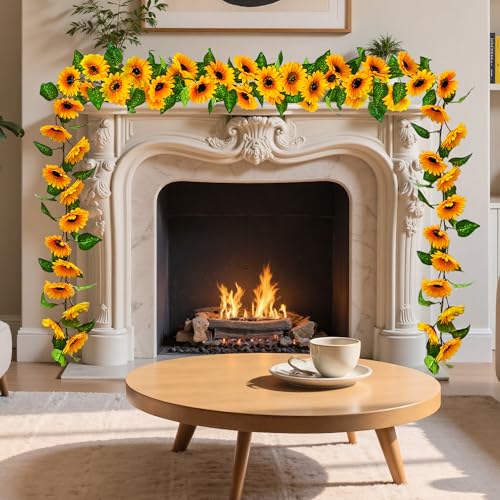 Image of Artificial Garlands and Wreaths Having 28 Flowers,6.23ft Yellow Flower Room Kitchen Garden Birthday Wedding Shower Party Table Decor Wall Decor Artificial Flowers for Outdoors(2 Items)