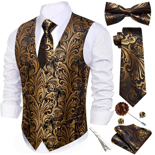 Image of Barry.Wang Men's Suit Vest Tie Bowtie Set Formal Silk Paisley Waistcoat Hanky Cufflinks Lapel Pin Set Wedding Party 7PCS
