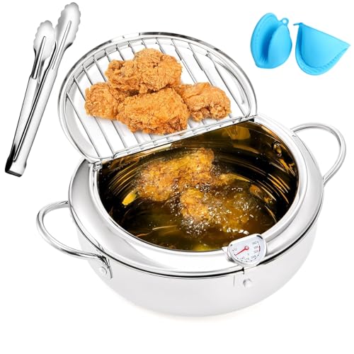 Deep Fryer Pot with Thermometer and Oil Drain Rack – Japanese Style Stainless Steel Tempura Frying Pot with Lid for Deep Frying Fish, Chicken, French Fries 10.23 * 10.23 * 4.53 In - 3.2L -  Lrekatid