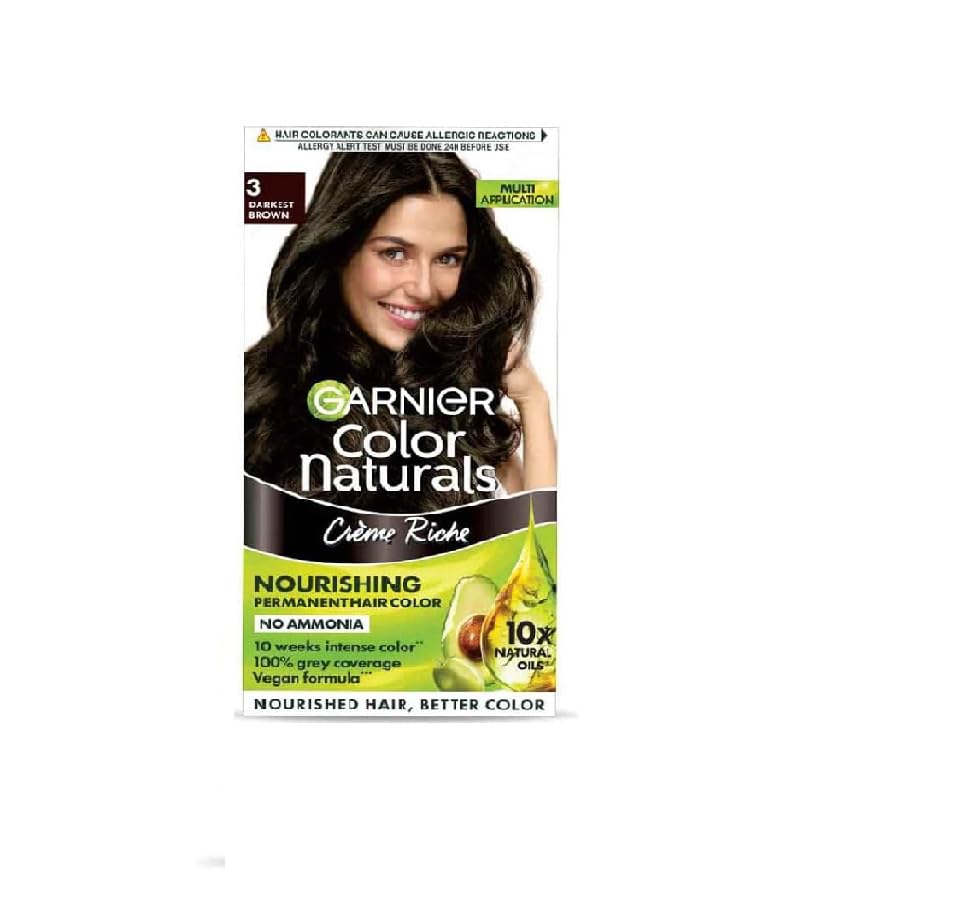 Garnier Color Naturals Crème Hair Color – Shade 3 Darkest Brown | Ammonia Free Hair Dye with 5 Natural Oils | 100% Grey Coverage | Long Lasting Color | 35ml + 30g (Set of 1)