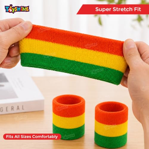 Image of Toyshine Cotton 3 Pieces Sweatbands Set, Includes Sports Headband And Wrist Sweatbands Striped Sweat Band For Athletic Men And Women - Orange Yellow Green