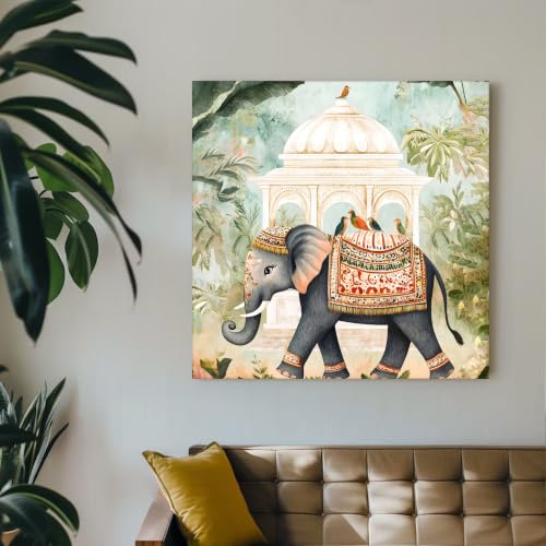 Image of PAINTINGMANTRA Classic Indian art Of Elephant in Mughal Garden | Canvas Painting Stretched on Wood | Suits For Living Room, Bedroom, Hallways (22x22 Inch)