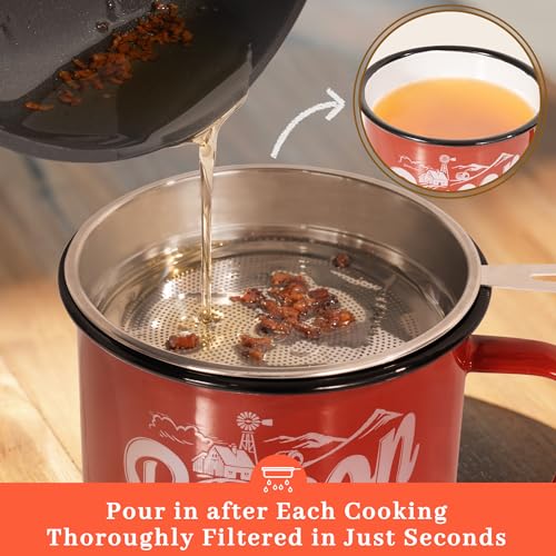 Image of Ayerphalo 42oz Enamel Bacon Grease Container with Strainer, Farmhouse Red