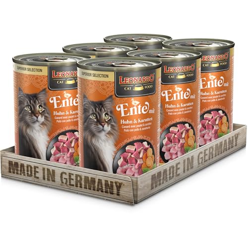 LEONARDO Comida húmeda para gatos Superior Selection, pato con pollo y zanahorias, lata de 6 x 400 g, para gatos adultos, sin cereales, sin azúcar, fabricado en Alemania