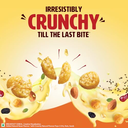 Image of Saffola Muesli Kesar Crunch with Flavour Pops, 450 gm | 15 in 1 Fruit and Nuts, Seeds, Millet & more | Cereals for breakfast with wholegrain, protein, fibre