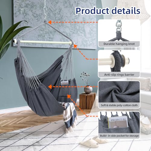 Hanging Chair Cotton Hammock Chair, Ohuhu XL Portable Swing Chair Support Bar Side Pocket for Indoor Outdoor Patio, Max Weight 150kg, Dark Grey,No pillows snd accessories - Image 2