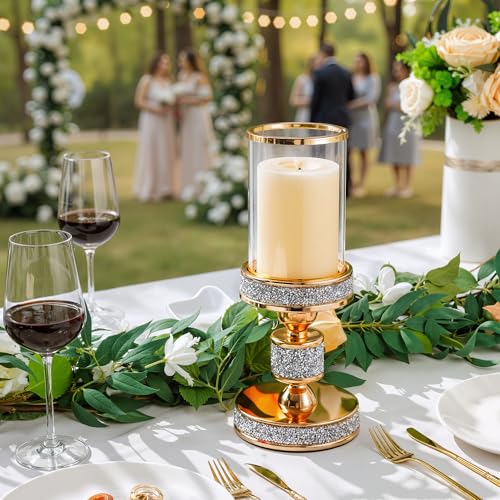 Pillar Candle Holder with Glass Wind Proof, Metal Hurricane Holders, Gold Crystal Candle Stand for Table Centerpieces, Home Decor, Wedding, Dining Table (S, 1PC, for Pillar Candles up to 3"x5") - Image 3