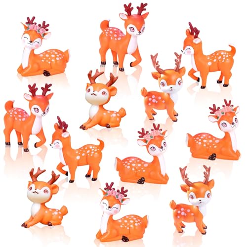 Exasinine 12Pcs Miniature Deer Figurines Forest Woodland Animal Miniatures for Crafts Fairy Garden Accessories Small Deer Ornaments Cake Toppers