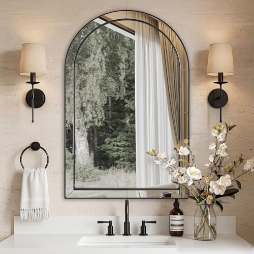 Image of MOON MIRROR Arched Mirror for Bathroom, Bathroom Mirrors for Over Sink, 24x36 inch Matte Black Non-Rusting Vanity Mirror in Delicate Tessellated Glass Design