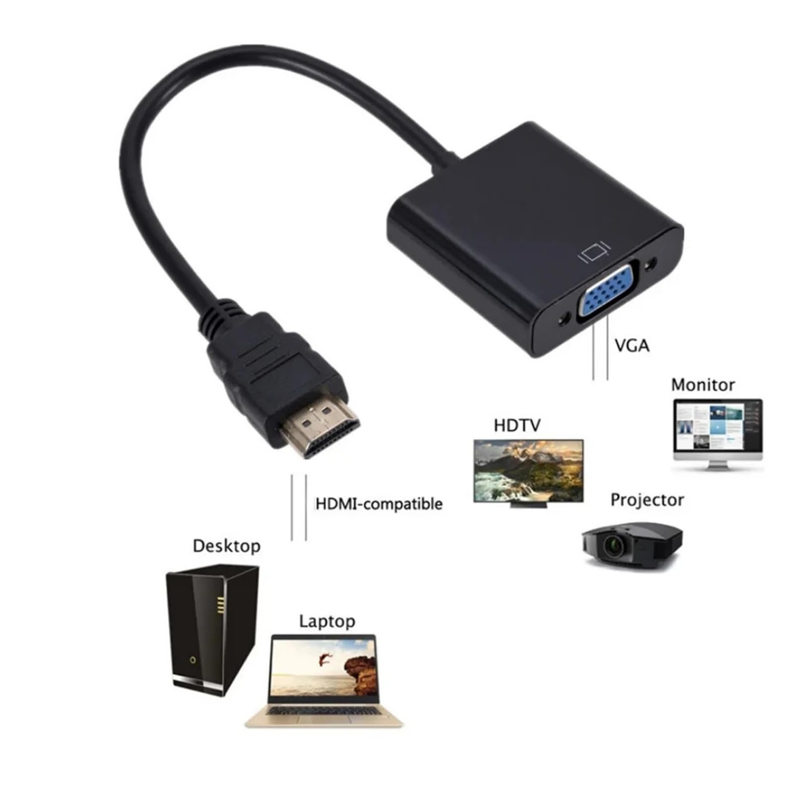 Adaptador HDMI a VGA 1080P chapado en oro para ordenador portátil PC proyector (blanco)