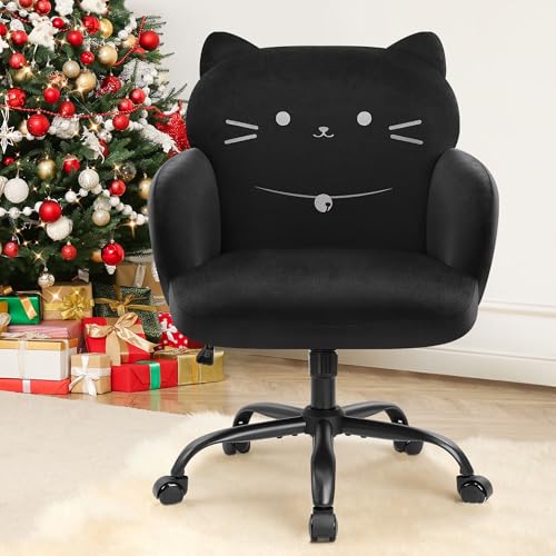 IWMH Bürostuhl,Ergonomisch Homeoffice Stuhl mit breiter Sitzfläche,Schreibtischstuhl mit Katzenmotiv,Charmanter Schminkstuhl aus Samtstoff,Moderner Computerstuhl,Sessel für Arbeitszimmer,Schlafzimmer
