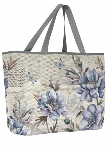 Mesh Beach Bag Oversized Tote Bags for Women Country Blue Flower Farm Floral Plant Large Travel Pool Bags with 8 Pockets