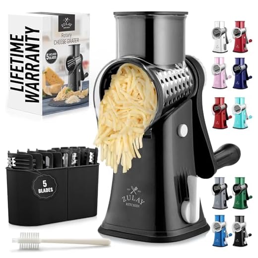 Rotary Cheese Grater Hand Crank, Vegetable Shredder - Black & Chrome | 5 Blades, 304 Stainless Steel, 15 x Faster Prep, Upgraded Suction Base, BPA Free, Dishwasher Safe, Cheese Shredder