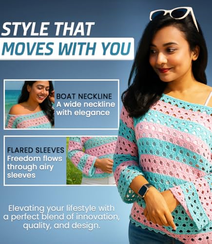 Crochet Tops for Women – Off The Shoulder Sweater - Long Sleeve Summer Tops for Women - Crochet Coverup with Flared Sleeves for Spring Style - Blue - Extra Large4