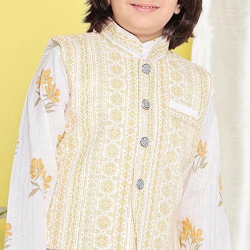 Image of AJ DEZINES Kids Ethnic Wear Cotton Printed Kurta Pajama Set For Boys With Nehru Waist Coat Jacket