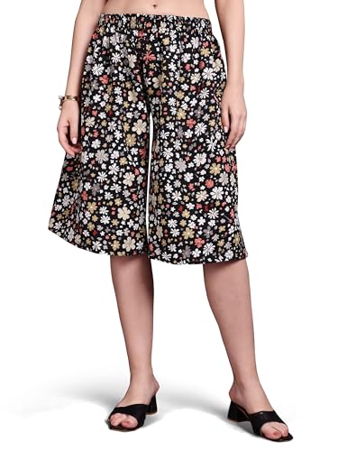 Image of THUMBA Women's Printed Poly Rayon Palazzo Pants | Wide Leg Culottes | Floral & Butterfly Print | Elastic Waist | Casual & Ethnic Wear | S M L XL 2XL 3XL