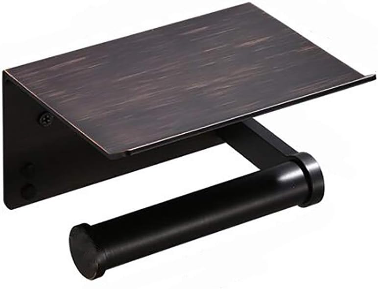 Toilet Paper Holder with Shelf, Bathroom Tissue Roll Holder Aluminum Wall Mounted Tissue Paper Dispenser for Mobile Phone Storage, Bathroom, Kitchen, Hotel, Black Ancient,Drilling