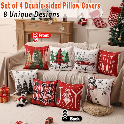 Double-Sided Print Christmas Pillow Covers 20"x20" Set of 4, 8 Cute Christmas Patterns, Tree, Truck, Joy, Merry Christmas, Let It Snow, Snowman Etc, Perfect for Home Decor