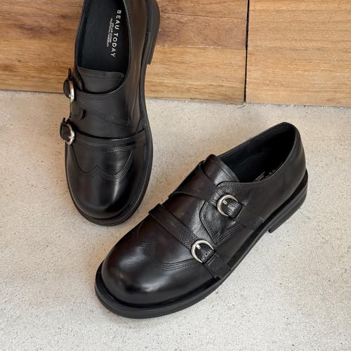 Image of BEAU TODAY Women's Leather Loafers, Wingtip Brogue Monk Strap Shoes | Genuine Leather, Round Toe, Low Heel, Metal Buckle, Non-Slip, Comfortable Business Casual Flats for Work and School