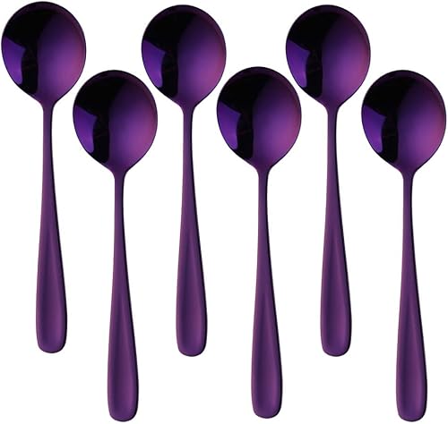 Buyer Star Juegos de cucharas de caldo, cucharas de sopa redondas de 7 pulgadas, cucharas de cena de mesa con acabado de acero inoxidable
