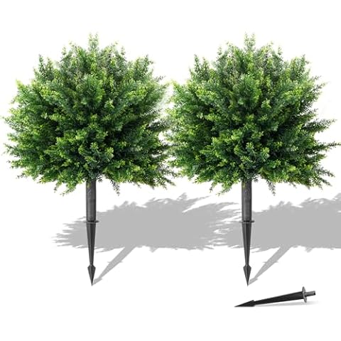 26" Artificial Cypress Topiary, 2pcs Artificial Cedar Topiary Ball Trees with Ground Spike, Outdoor Faux Shrubs with UV Resistant, Lasting Evergreen Bushes Push in Ground Plants for Front Porch Cover