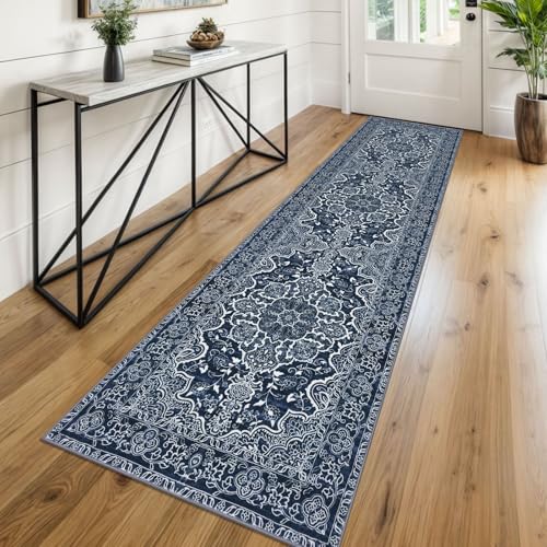 KUTA Vintage Floral Washable Runner Rug, 2x8 Navy Blue Runners for Hallways Non-Slip Kitchen Rugs Ultra Soft Printed Distressed Tribal Floor Carpet for Bedroom Living Room Nursery