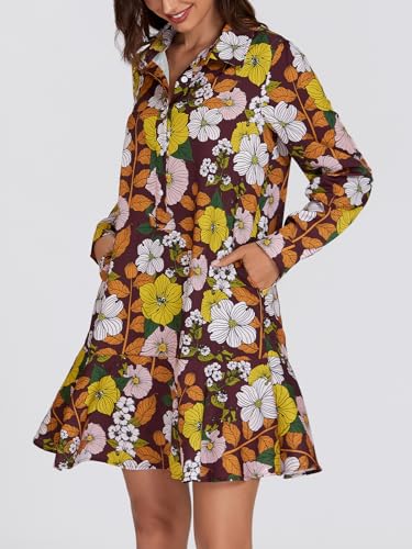 Image of Women's Retro Floral Callahan Shirt Dress Casual Button Down Loose Fit Beach Mini Dresses