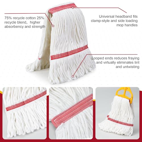 Image of Eccliy 6 Pack Commercial Mop Heads Replacement Heavy Duty 18 oz Loop End Cotton String Wet Mop Refills Washable Absorbent Reusable for Industrial Home Tile Wood Concrete Floor (White,Red)