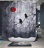 Raven Crow Halloween Shower Curtain, Gothic Blood Red Moon Black Tree White Nightlight Crow Birds on...