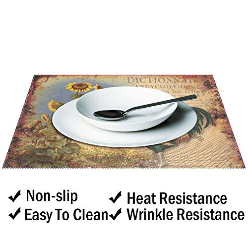 Visesunny Placemat Table Mat Desktop Decoration Grunged Rooster With Sunflower Placemats Set Of 4 Non Slip Stain Heat Resistant For Dining Home Kitchen Indoor 12X18 In #TOP2