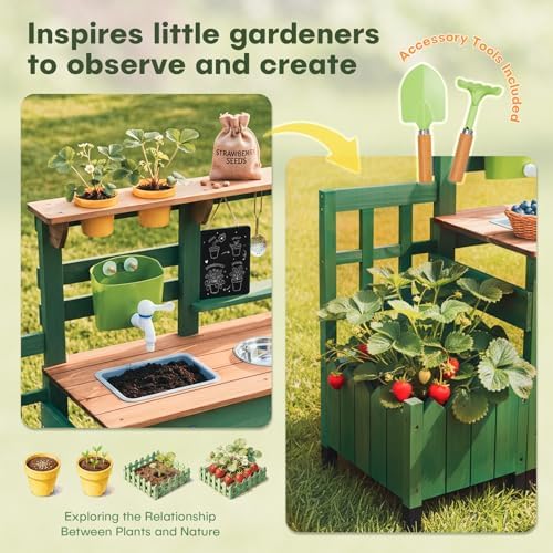 Mud Kitchen for Kids Outdoor, Vintage Mud Kitchen with Planter Box - Includes Rich Gardening Tools & Cooking Accessories, Wooden Kids Play Kitchen with Faucet, Stove, Sink, Oven, Flowerpots — view 7